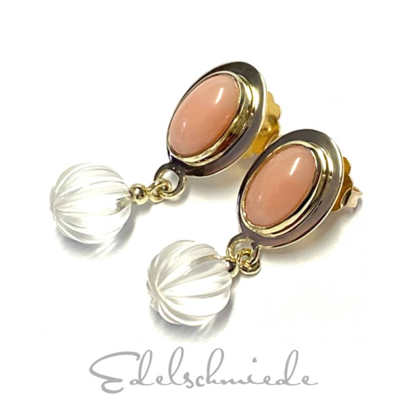Ohrring 585/ - Gold Gelbgold Pinkopal | Andenopal Oval Bergkristall Teilweise Matt Ohrstecker Handarbeit Unikatschmuck von EdelSchmiede925