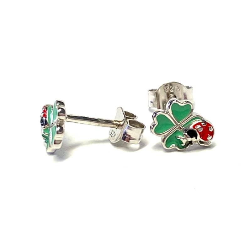 Ohrring 925 Kleeblatt Grün Marienkäfer Glücksbringer Ohrstecker Kinderschmuck von EdelSchmiede925
