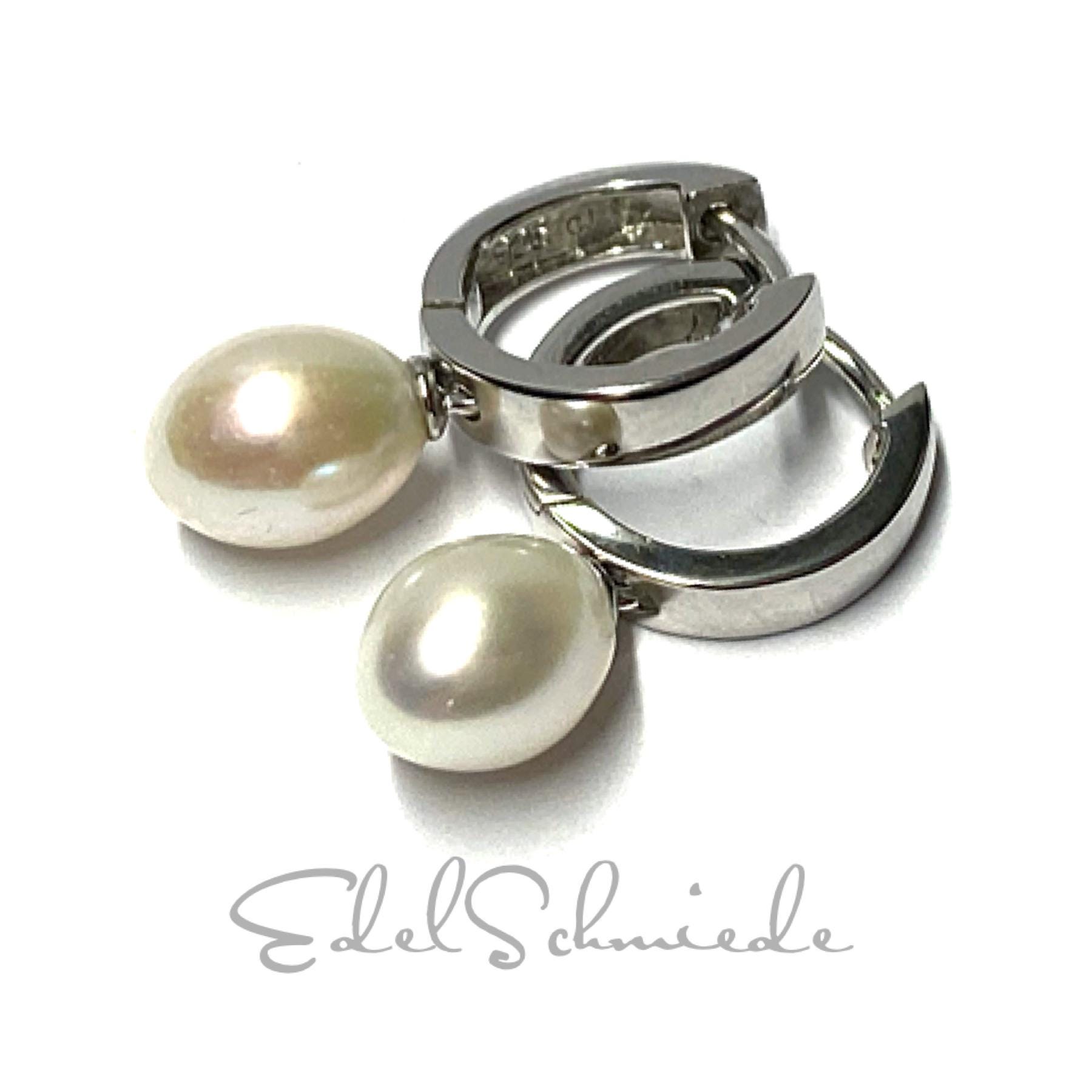 Ohrring 925 Silber Rhodiniert Perle Weiß Oval Creole 15mm Brautschmuck von EdelSchmiede925