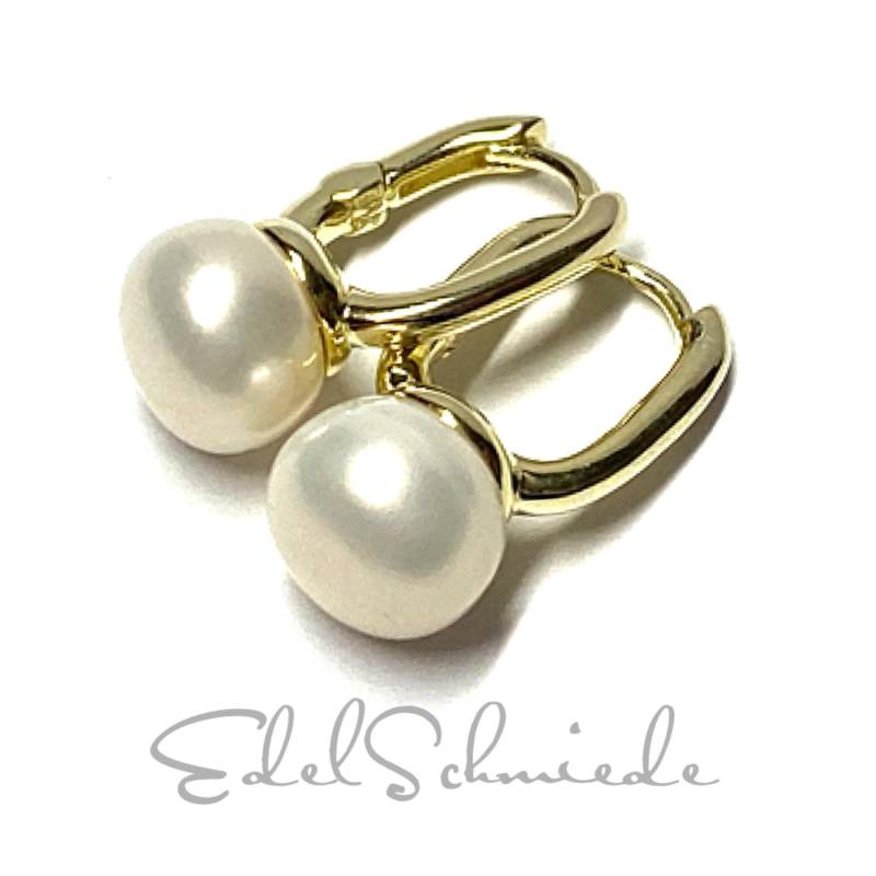Ohrring 925 Silber Vergoldet Perle Weiß 9mm Creol Brautschmuck von EdelSchmiede925