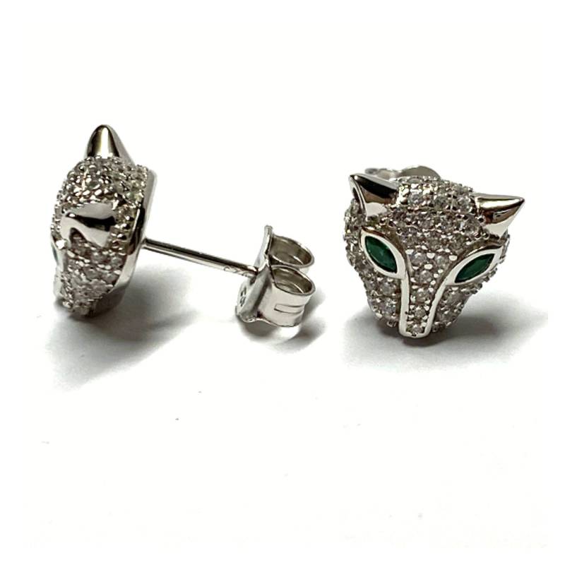 Ohrstecker 925/ - Silber Rhodiniert Zirkonia Weiß + Grün Pantherkopf Wildkatze Ohrring von EdelSchmiede925