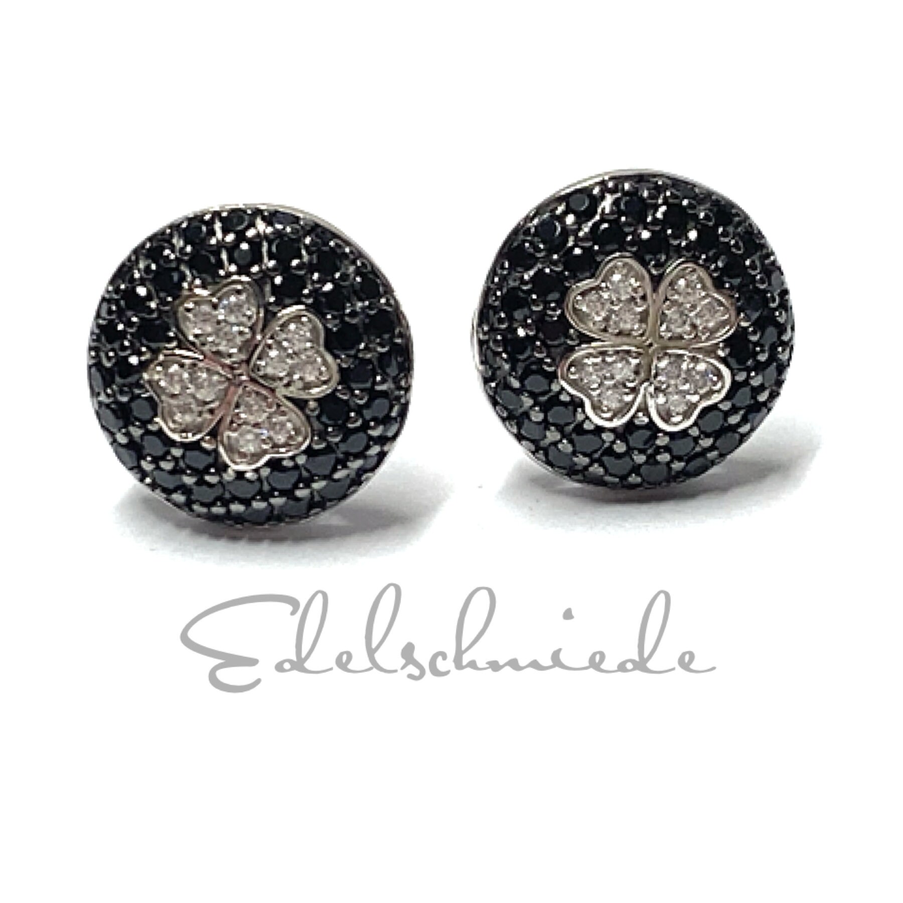 Ohrstecker 925 Silber Rhodiniert Zirkonia Schwarz Und Weiß Silberstecker Kleeblatt Glück von EdelSchmiede925