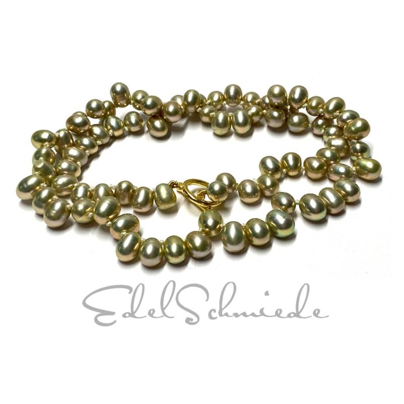 Perlenkette 925 Silber Vergoldet Knebelverschluß Perlen Süßwasserzuchtperlen Hellgrün Asymmetrisch Gebohrt 7-8mm 51cm von EdelSchmiede925