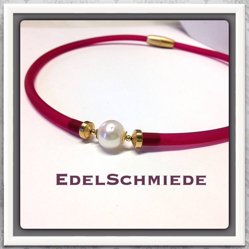 Pinkes Kautschukband Mit Echter Perle Weiß 47cm von EdelSchmiede925