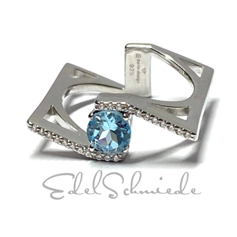 Ring 925/ - Silber Rhodiniert Blautopas Rund Zirkonia Glanz Modern Unikat #60 von EdelSchmiede925