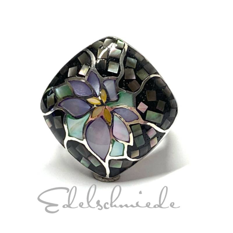 Ring 925 Silber Rhodiniert Perlmutt Intarsie Grün Lila Schmuckring Einzelstück #54 von EdelSchmiede925