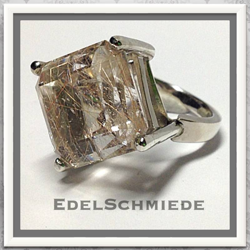 Silberring Rhod. Mit Großem Rutilquarz Fac. # 61 von EdelSchmiede925