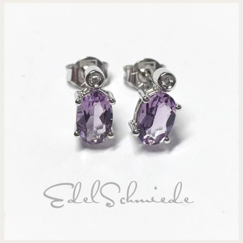 Weißgoldohrstecker Mit Ovalem Amethyst + Brillant 585/ von EdelSchmiede925