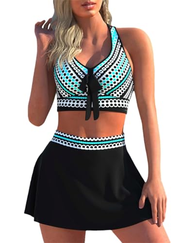 Edelaura Damen Bikini 2-teiliges Badeanzug Farblock Bedruckte Schwimmanzug mit Schleife V-Ausschnitt Push-up Bikini Oberteil Kurzes A-Linien Baderock Lässige Bademode Strandbekleidung von Edelaura