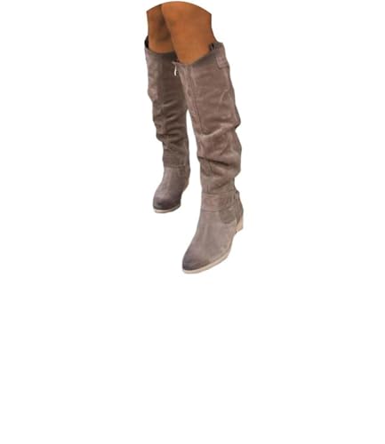 Edelaura Damen Elegante Blockabsatz Langschaftstiefel Wildleder Winterstiefel mit Niedrigem Absatz Westernstiefel Kniehohe Cowboystiefel mit Reissverschluss Einfarbige Freizeitstiefel von Edelaura