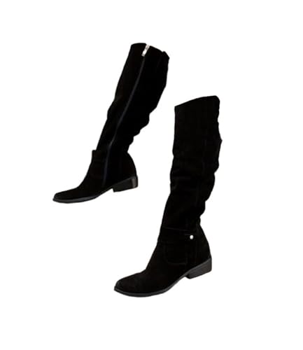 Edelaura Damen Elegante Blockabsatz Langschaftstiefel Wildleder Winterstiefel mit Niedrigem Absatz Westernstiefel Kniehohe Cowboystiefel mit Reissverschluss Einfarbige Freizeitstiefel von Edelaura