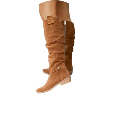 Edelaura Damen Elegante Blockabsatz Langschaftstiefel Wildleder Winterstiefel mit Niedrigem Absatz Westernstiefel Kniehohe Cowboystiefel mit Reissverschluss Einfarbige Freizeitstiefel von Edelaura