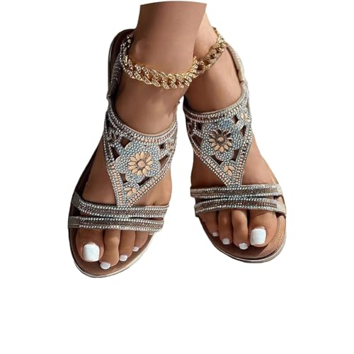 Edelaura Damen Glitzer Strass Sandalen Einfarbige Boho Strandsandalen Slingback Freizeitschuhe Offene Zehen Flatsandalen Bequeme und Leichte Sommer Outdoorsandalen von Edelaura