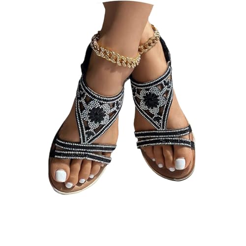 Edelaura Damen Glitzer Strass Sandalen Einfarbige Boho Strandsandalen Slingback Freizeitschuhe Offene Zehen Flatsandalen Bequeme und Leichte Sommer Outdoorsandalen von Edelaura