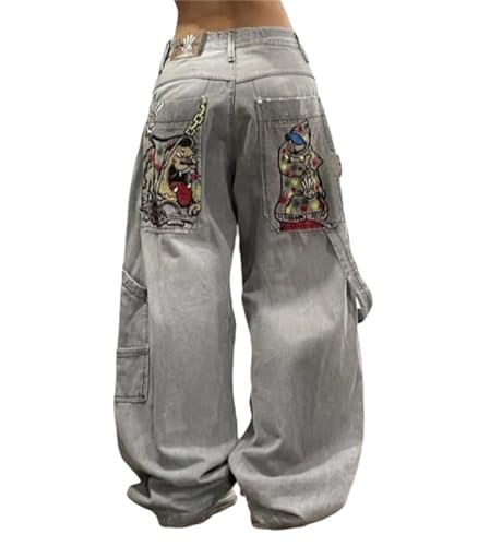 Edelaura Damen Hip Hop Jeanshose mit Hoher Taille Elegante Farbblock Bedruckte Jeanshose Mode Weites Bein Denimhose mit Taschen Gothic Punk Jeans Streetwear Freizeithose von Edelaura