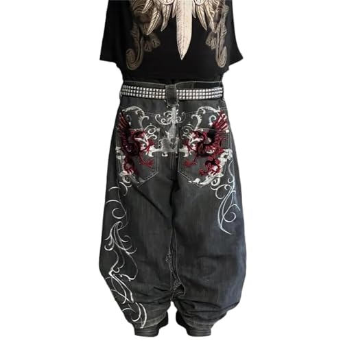 Edelaura Damen Hip Hop Jeanshose mit Hoher Taille Elegante Farbblock Bedruckte Jeanshose Mode Weites Bein Denimhose mit Taschen Gothic Punk Jeans Streetwear Freizeithose von Edelaura
