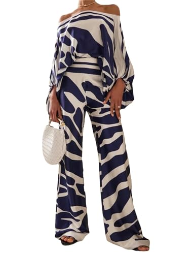 Edelaura Damen Hosenanzug 2 Teiliges Set Modisches Farblock Print Outfit Sommer Lockere Hosenanzug Schulterfreies Langarm Oberteil Hoher Taille Hosen Freizeitanzug Streetwear von Edelaura