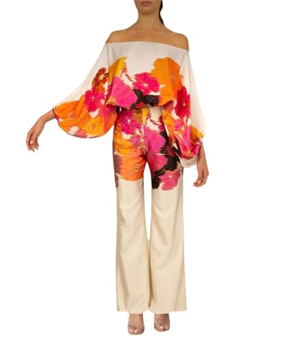 Edelaura Damen Hosenanzug 2 Teiliges Set Modisches Farblock Print Outfit Sommer Lockere Hosenanzug Schulterfreies Langarm Oberteil Hoher Taille Hosen Freizeitanzug Streetwear von Edelaura
