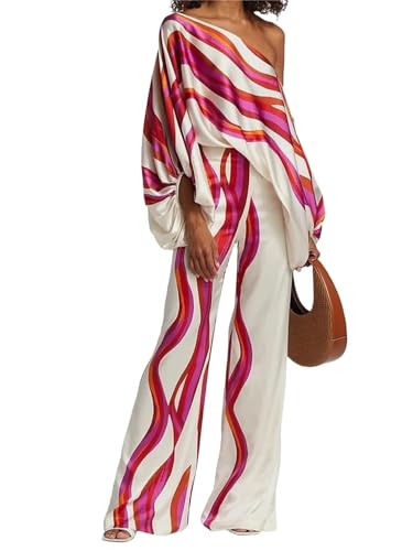 Edelaura Damen Hosenanzug 2 Teiliges Set Modisches Farblock Print Outfit Sommer Lockere Hosenanzug Schulterfreies Langarm Oberteil Hoher Taille Hosen Freizeitanzug Streetwear von Edelaura