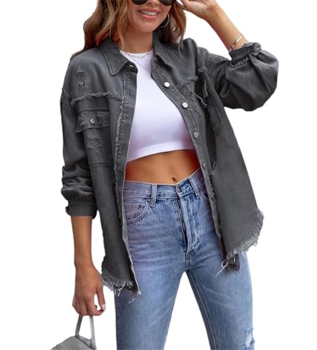 Edelaura Damen Jeansjacke Zerlöcherte Denim Jacke Elegante Langarm Reversjacke Vintage Jacke Zerrissene Übergangsjacke mit Knöpfen Einfarbige Lockerer Freizeitjacke Button Down Jean Mantel von Edelaura