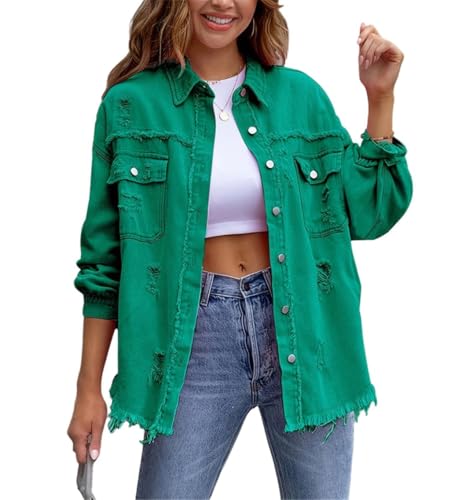 Edelaura Damen Jeansjacke Zerlöcherte Denim Jacke Elegante Langarm Reversjacke Vintage Jacke Zerrissene Übergangsjacke mit Knöpfen Einfarbige Lockerer Freizeitjacke Button Down Jean Mantel von Edelaura