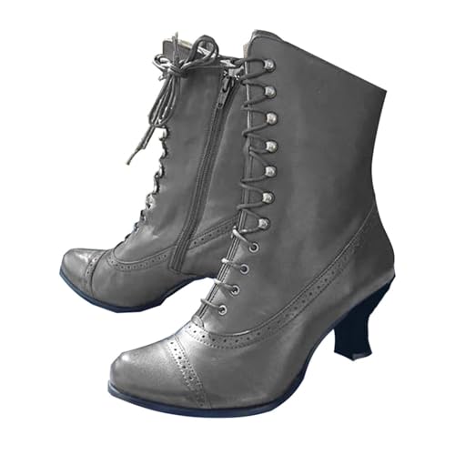 Edelaura Damen Knöchel Stiefel Spitz Viktorianische PU Lederstiefel mit Schnüren und Reißverschluss Vintage Einfarbiges Mode Niedrige Absatz Stiefel Gothic klassischer Stil von Edelaura