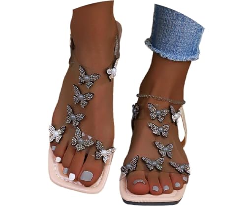 Edelaura Damen Sandalen Modische Glitzer Schmetterling Strass Dekor Boho Schlupfschuhe mit Niedrigem Absatz & Offene Zehen Elegante Freizeitschuhe für Sommer und Strand von Edelaura