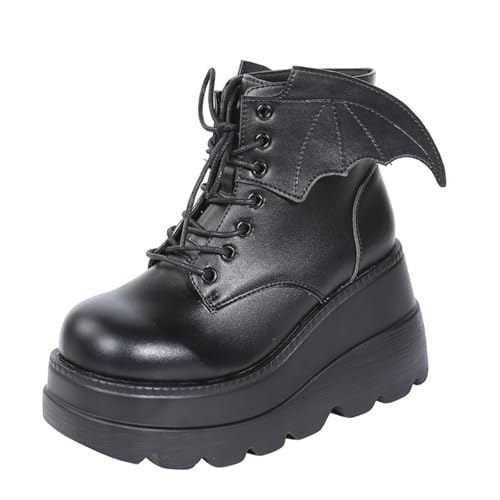 Edelaura Damen Schwarz Gothic Punk Stiefel mit Flügel-Design Lackleder Motorradstiefel Elegante Plateau Stiefeletten Schnürstiefeletten mit Keilabsatz Freizeitstiefeletten von Edelaura