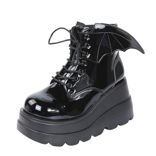 Edelaura Damen Schwarz Gothic Punk Stiefel mit Flügel-Design Lackleder Motorradstiefel Elegante Plateau Stiefeletten Schnürstiefeletten mit Keilabsatz Freizeitstiefeletten von Edelaura