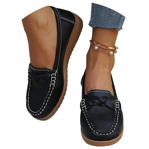 Edelaura Damen Sommer Mokassins Freizeit Bequem Flache Loafer Schuhe rutschfeste Elegante Unifarben Slipper Mode Leder Leicht Wanderschuhe mit Vintage Design Slip On Halbschuhe von Edelaura