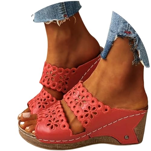 Edelaura Damen Sommer Sandalen mit Keilabsatz Elegante Sandalen mit durchbrochenem Design Einfarbig Rutschfest Hausschuhe Offene Zehen Freizeitslipper Mode Strandsandalen von Edelaura