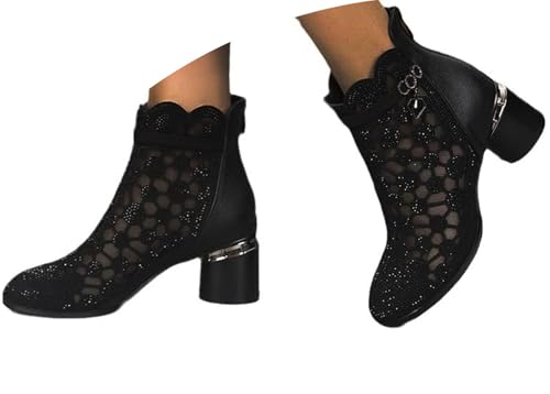 Edelaura Damen Spitze Stiefel als Einfarbige Sommerstiefel mit Blockabsatz Blumenmuster Mesh Atmungsaktiv Stiefeletten Elegante Slip-on Stiefel aus Hohlem Tüll mit Strass Freizeitstiefel von Edelaura
