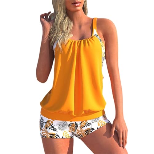 Edelaura Damen Tankini 2-teiliger Badeanzug mit Bauchweg Design Farbblock Print Schwimmanzug Elegant Push Up Strandmode Spaghettiträger Tankini Oberteil und Badeshorts Freizeit Swimsuit von Edelaura