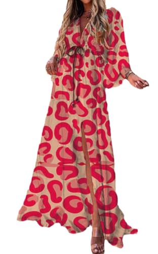 Edelaura Damen V-Ausschnitt Split 3/4-Arm Maxikleid Elegant Hoher Taille Kordelzug Lang Modische Farbblock Druck Langarm Kleid Bequem Freizeit Partykleid von Edelaura