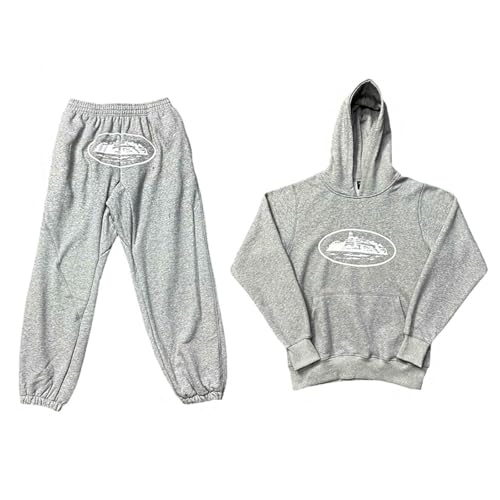 Edelaura Herren Bedruckter Sportanzug Zweiteiliger Anzug Lockerer Langarm Kapuzenpullover mit Taschen Jogginghose Freizeitanzug Eleganter Jogginganzug Unisex Y2K Hip Hop Streetwear von Edelaura