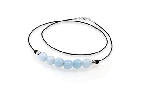 Damen-Kette Edles Choker Halsband schwarz Ziegenleder mit schwebendem 8mm Halbedelstein und Karabinerverschluss aus 925er Sterling Silber (42 cm, Aquamarin 2) von Edellis