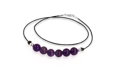 Damen-Kette Edles Choker Halsband schwarz Ziegenleder mit schwebendem 8mm Halbedelstein und Karabinerverschluss aus 925er Sterling Silber (42 cm, Lila Amethyst 2) von Edellis