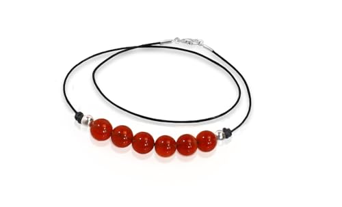 Damen-Kette Edles Choker Halsband schwarz Ziegenleder mit schwebendem 8mm Halbedelstein und Karabinerverschluss aus 925er Sterling Silber (42 cm, Roter Achat 2) von Edellis