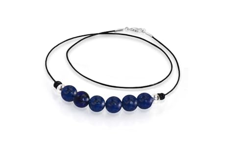 Damen-Kette Edles Choker Halsband schwarz Ziegenleder mit schwebendem 8mm Halbedelstein und Karabinerverschluss aus 925er Sterling Silber (45 cm, Lapis Lazuli 2) von Edellis