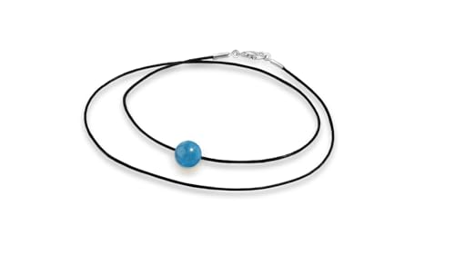 Damen-Kette Edles Choker Halsband schwarz Ziegenleder mit schwebendem 8mm Halbedelstein und Karabinerverschluss aus 925er Sterling Silber (42 cm, Blauer Apatit) von Edellis