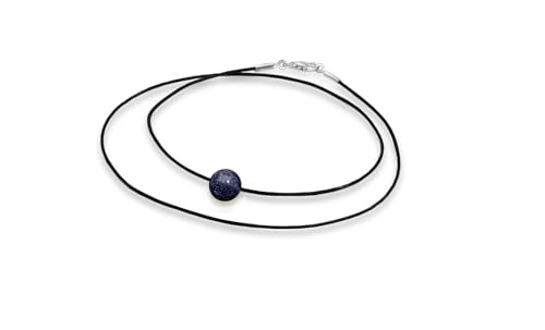 Damen-Kette Edles Choker Halsband schwarz Ziegenleder mit schwebendem 8mm Halbedelstein und Karabinerverschluss aus 925er Sterling Silber (42 cm, Blauer Sandstein) von Edellis