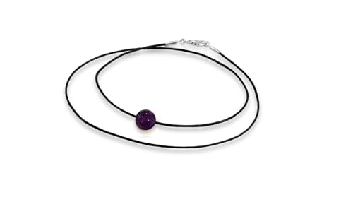 Damen-Kette Edles Choker Halsband schwarz Ziegenleder mit schwebendem 8mm Halbedelstein und Karabinerverschluss aus 925er Sterling Silber (42 cm, Lila Amethyst) von Edellis