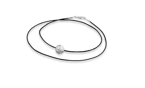 Damen-Kette Edles Choker Halsband schwarz Ziegenleder mit schwebendem 8mm Halbedelstein und Karabinerverschluss aus 925er Sterling Silber (42 cm, Weißer Türkis) von Edellis