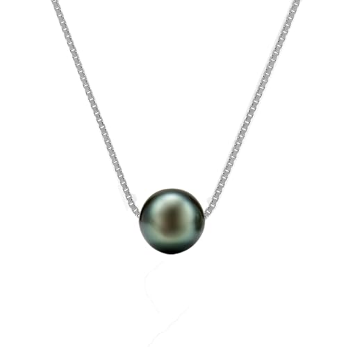 Echte Tahiti-Zuchtperlen Halskette Rund 9-10 mm in AA+ Grade mit Weiß rhodinierter 925 Sterling Silber Venezianer Box Kette Frauenschmuck von Edellis