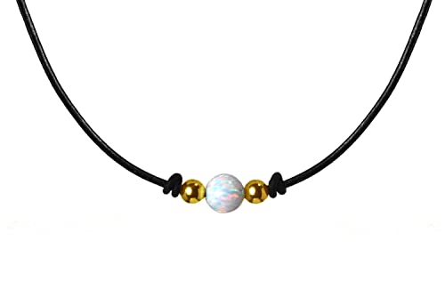 Edellis Hochwertiger runder Weißer Opal 8 mm mit Ziegenleder Damen-Kette und mit 14 Karat Gold Gefüllt Kugeln und Verschluss (42) von Edellis