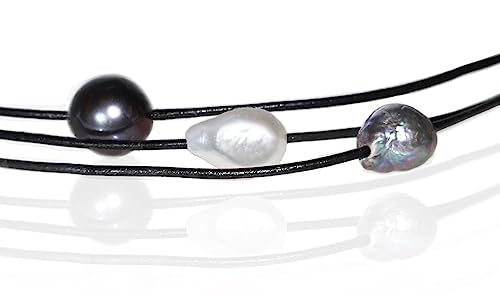 Edellis Ziegenleder Kette mit 3 Perlen Größe 10.0-11.0 mm und 925 Silber Karabiner (A, 45) von Edellis