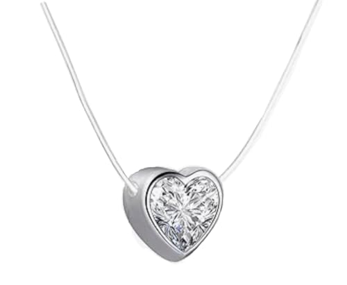 Halskette Kette Herz Anhänger Collier Transparent Nylonkette mit schwebendem Strass Stein Zirkonia 925 Sterling Silber Anhänger und Verschluss, Länge: 38/42/45cm für Damen und Mädchen (42) von Edellis