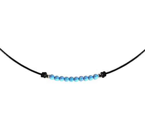 Hochwertige Halskette mit blauem Opal Perlen Winzige 3mm Opal Perle Minimalistischer Schmuck mit Ziegenleder Damen-Kette und mit 925 Sterling Silber Kugeln und Verschluss (42) von Edellis