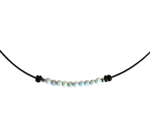 Hochwertige Weißen Opal Perlenkette Winzige 3mm Opal Perle Minimalistischer Schmuck mit Ziegenleder Damen-Kette und mit 925 Sterling Silber Kugeln und Verschluss (45) von Edellis