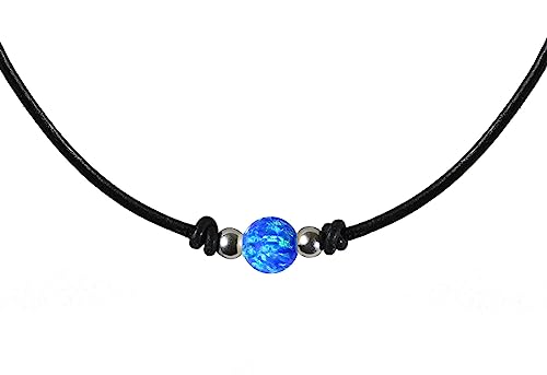 Hochwertiger runder Blauer Opal 8 mm mit Ziegenleder Damen-Kette und mit 925 Sterling Silber Kugeln und Verschluss (42) von Edellis